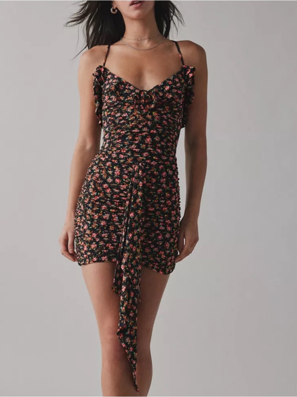 AFRM Black Mini Dress with Pink Floral Print